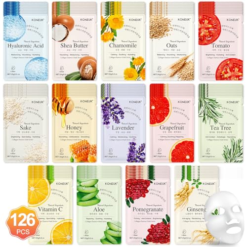 KONEUK 126 Pack Sheet Face Masks Skincare Bulk Facial Mask Gifts Set for Women Skin Care Hydrating Face Masks Suitable for All Skin Types Face Mask Spa for Sensitive Skin